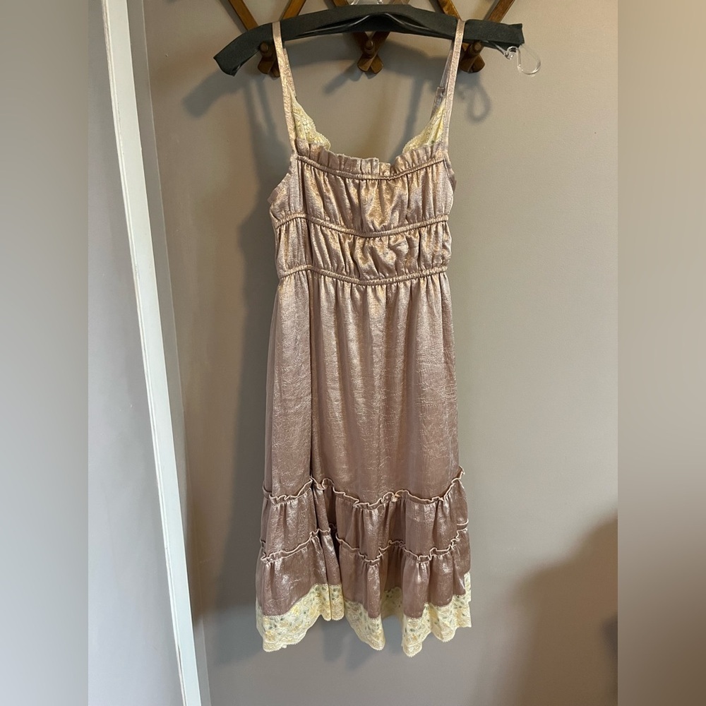 Ad Libitum bohemian dress midi milkmaid slip dress metallic champagne sheen XS